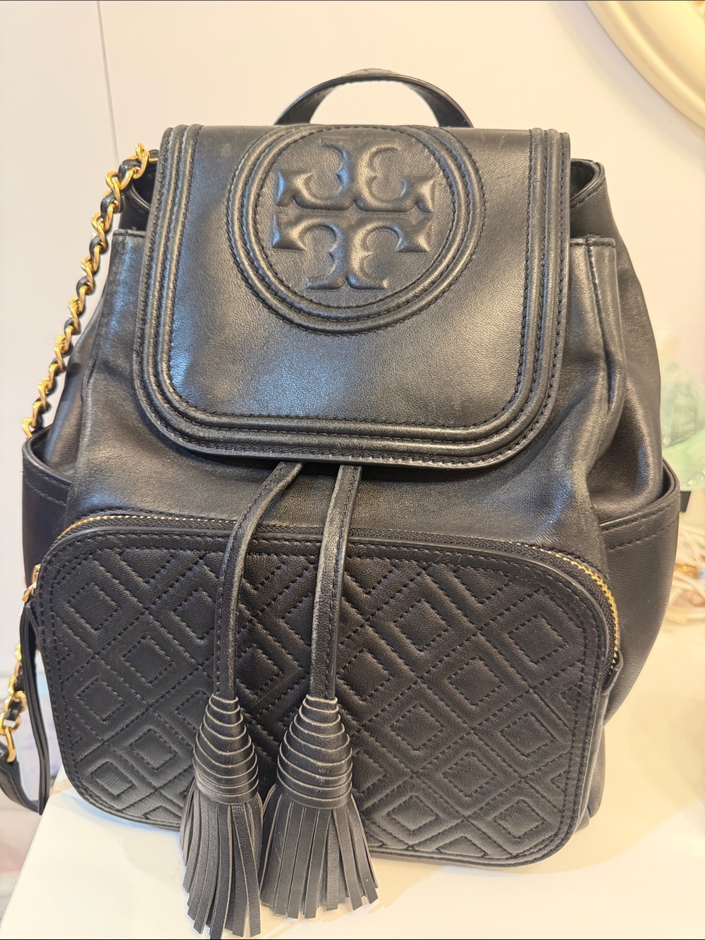 Tory Burch Black Quilted Leather Tassel Fleming Backpack with Chain Accent